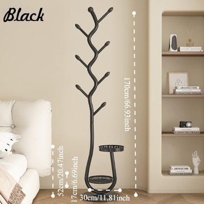 Freestanding Coat Tree with Branching Hooks, Circular Lower Shelf and White, Black or Golden Finish
