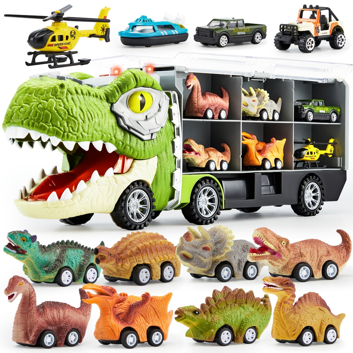 Dinosaur Truck Toy Set 13 PCS, Transport Carrier Truck with Lights & Sounds + 8 Pull-Back Cars + 3 Die-Cast Dino Vehicles + Helicopter