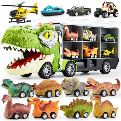 Dinosaur Truck Toy Set 13 PCS, Transport Carrier Truck with Lights & Sounds + 8 Pull-Back Cars + 3 Die-Cast Dino Vehicles + Helicopter