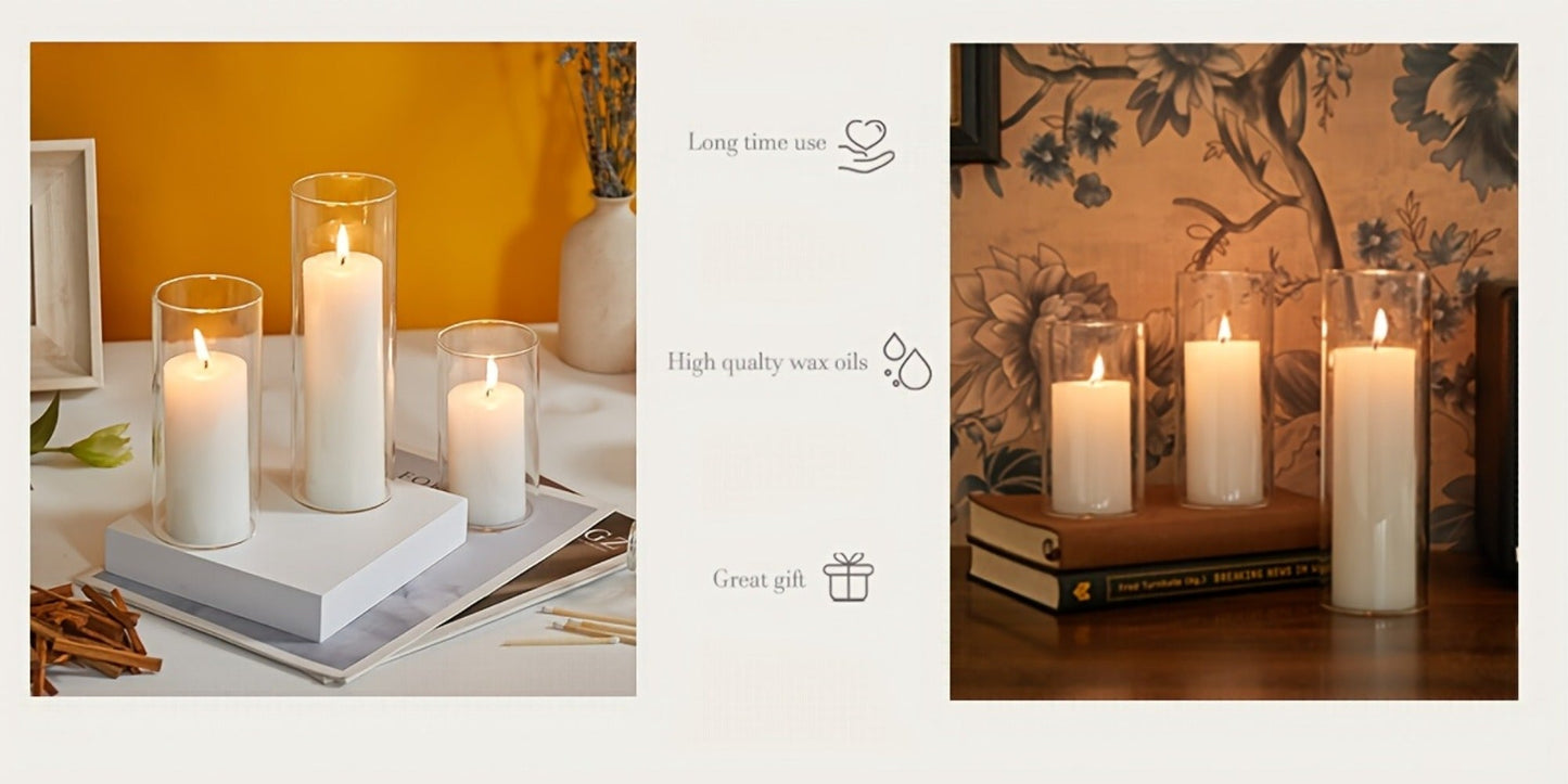Pillar Candles with Clear Glass Hurricane Holders, Unscented White Cylinder Candles & Vases for Wedding Centerpieces