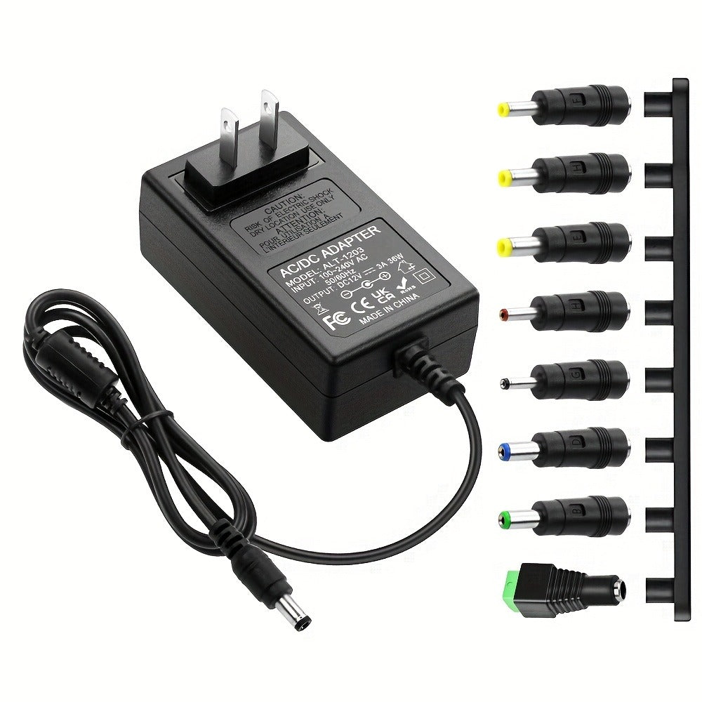 Fixed 12V 3A AC/DC Power Adapter with 36W Label, US Plug and Ten Interchangeable Connector Tips