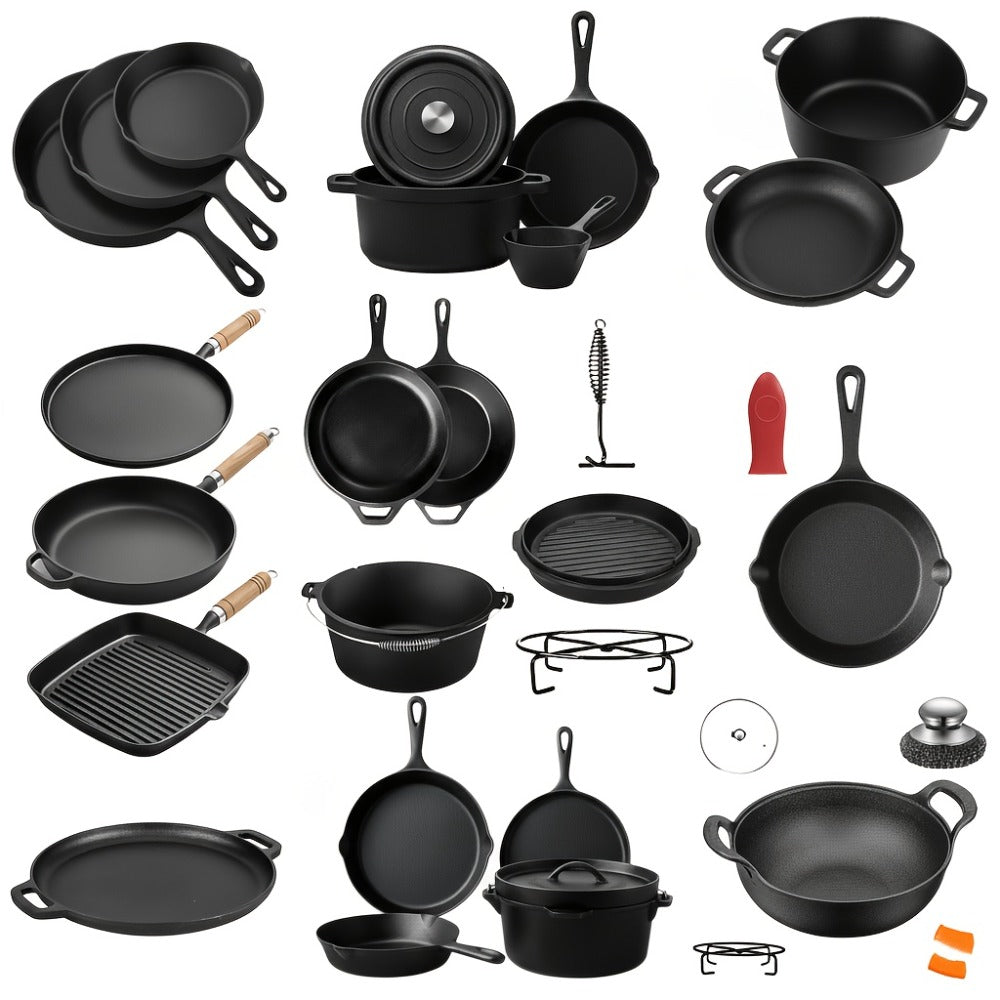 Cast Iron Cookware Set for Kitchen Camping BBQ – Non-Stick Skillet Dutch Pot Frying Pan Baking Tray Griddle Options