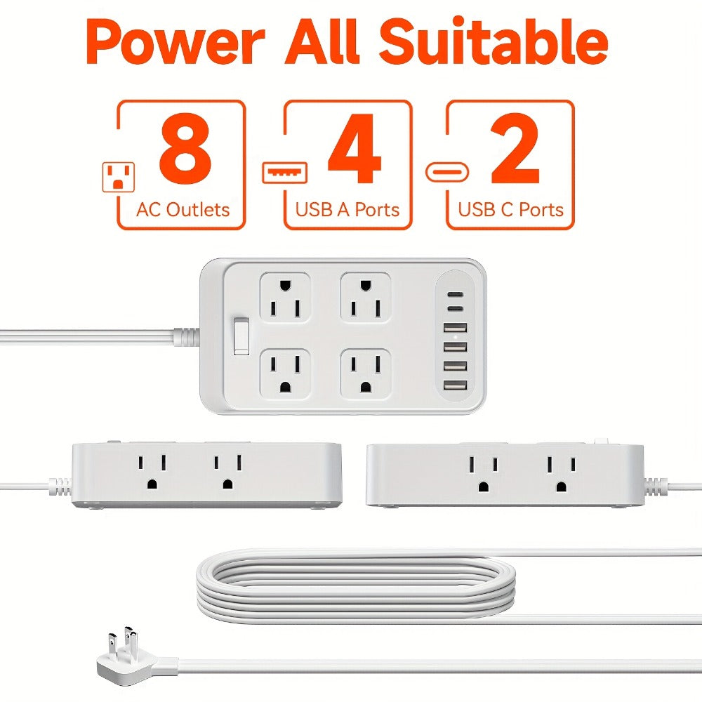 One-Touch Switch Desk Charging Station 14-in-1, 8 Widely Distributed AC Outlets & 6 USB Ports (4 USB-A + 2 USB-C)