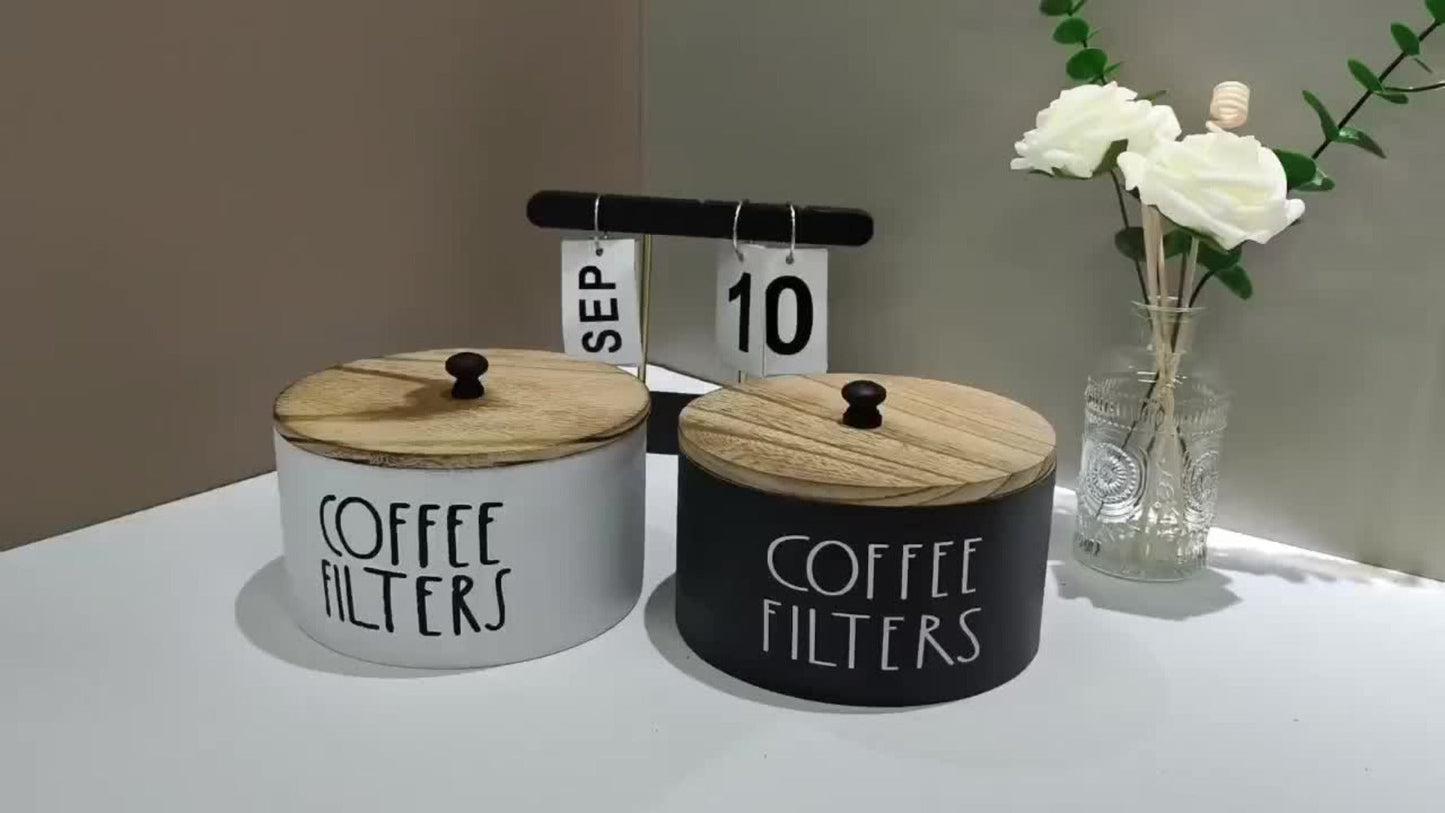 Wooden Coffee Filter Holder with Lid – Large Capacity Rustic Round Organizer Dispenser for Coffee Filters & Tea Bags, Bamboo Lid
