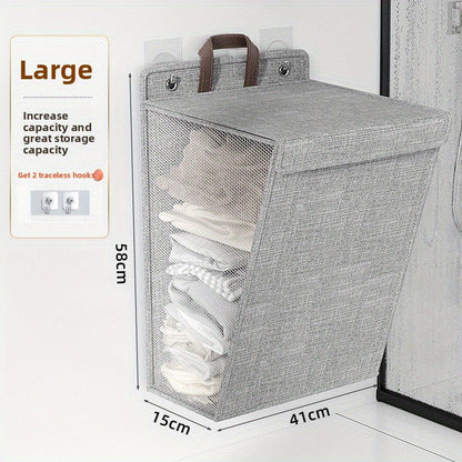Wall Mounted Laundry Hamper Foldable Oxford Cloth with Lid | Space Saving Clothes Storage Basket for Bedroom Bathroom Living Room | Large