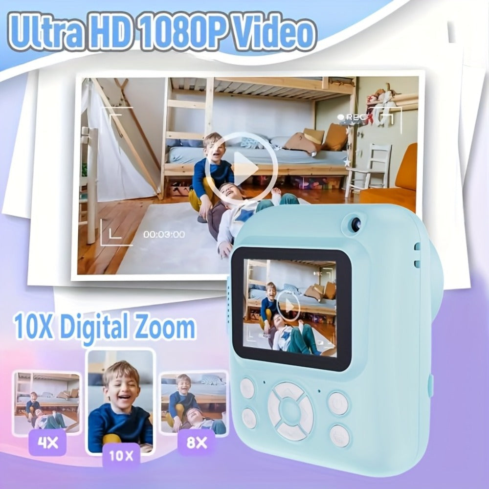Kids Instant Print Camera 3-in-1 with MP3 & Games, 10x Zoom, 2.4" HD Screen, 32GB Card, Prints Photos in 1 Second