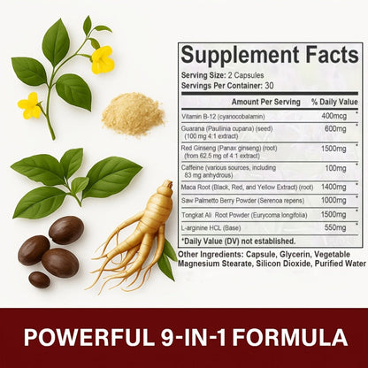 Red Ginseng Energy Capsules 9050mg with Maca & Saw Palmetto, Everyday Vitality & Stamina Supplement for Men & Women