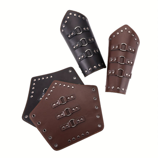 Medieval Arm Bracers 2pcs PU Leather Gauntlet Wristbands for Men, Renaissance Knight Warrior Viking Cosplay Costume Prop for Halloween LARP