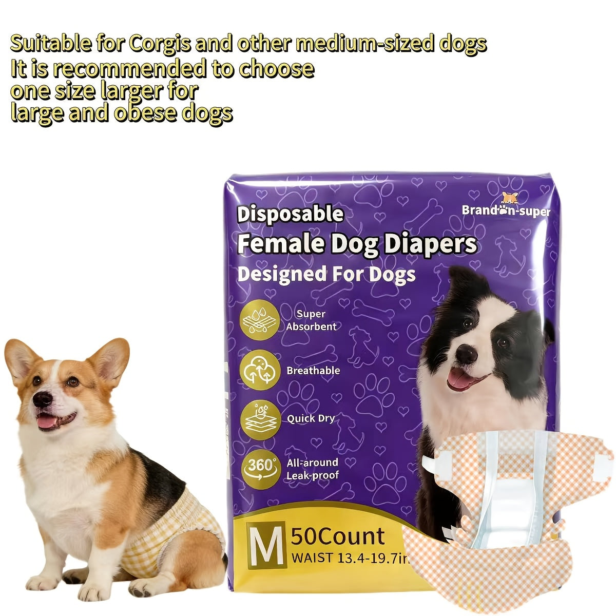 Disposable Dog Diapers 50-Pack for Male & Female Dogs – Super Absorbent Leak-Proof Pet Nappies, Comfortable Fit for Puppies, Senior Dogs
