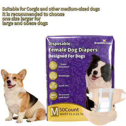 Disposable Dog Diapers 50-Pack for Male & Female Dogs – Super Absorbent Leak-Proof Pet Nappies, Comfortable Fit for Puppies, Senior Dogs
