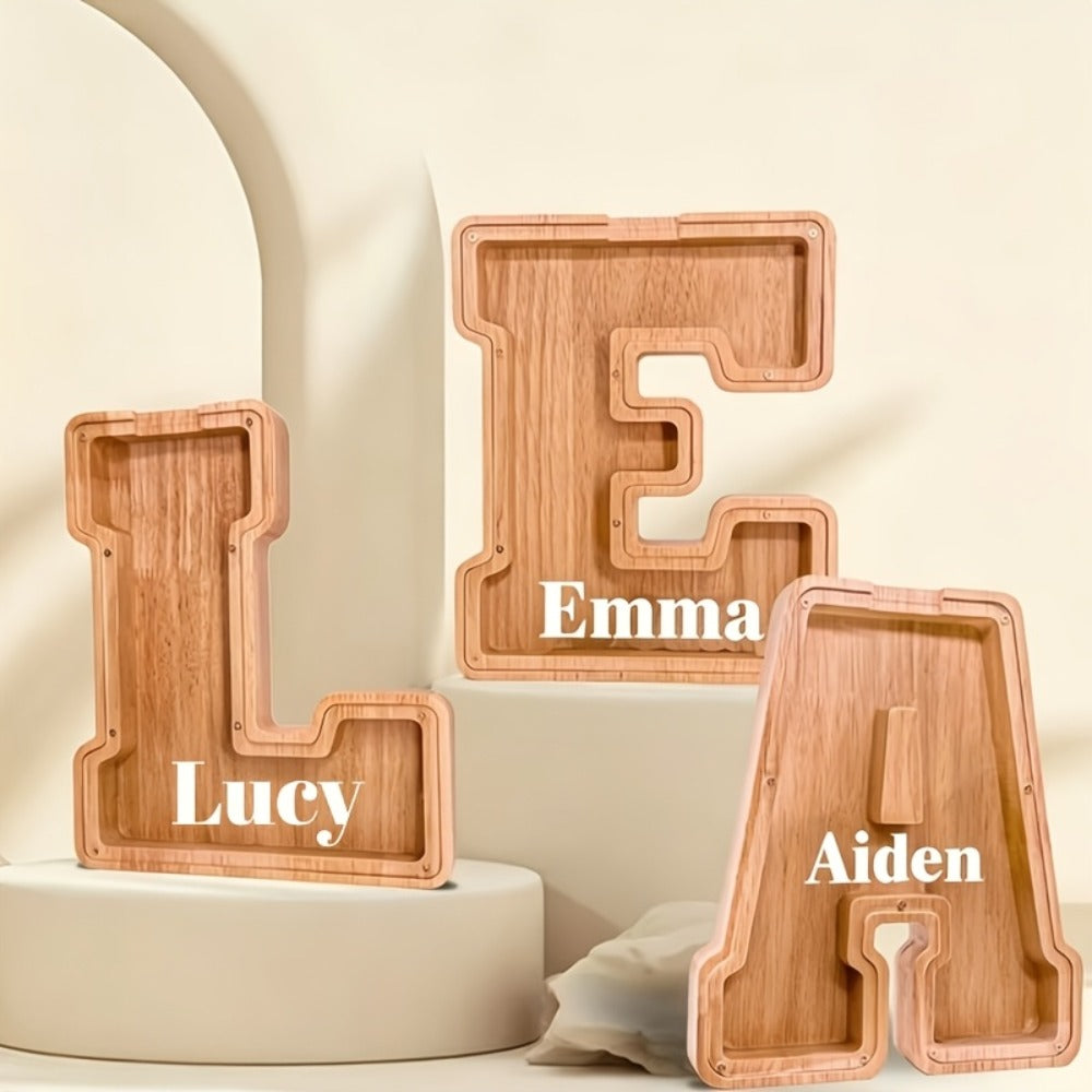 Wooden Letter Penny Bank – Alphabet Coin Bank Savings Box for Kids & Adults, Personalized Money Bank Birthday Gift