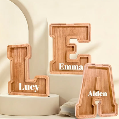 Wooden Letter Penny Bank – Alphabet Coin Bank Savings Box for Kids & Adults, Personalized Money Bank Birthday Gift