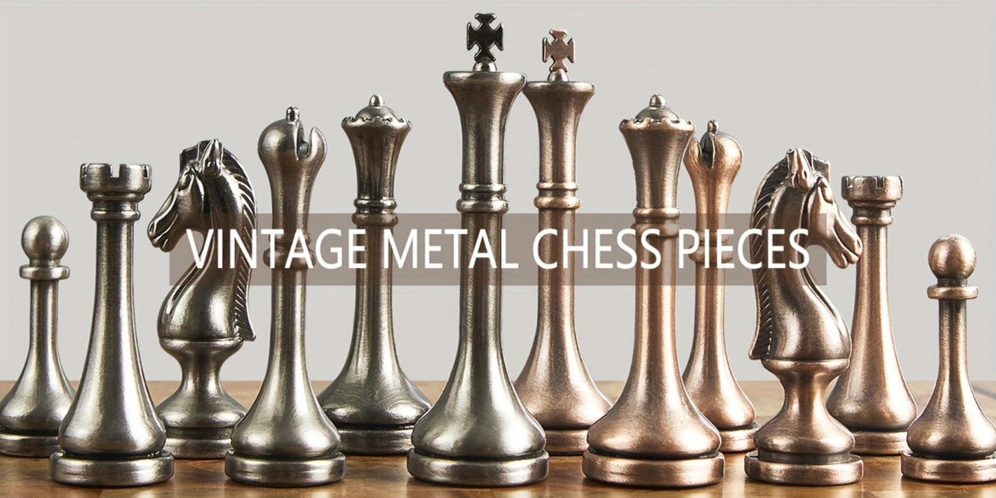 Wooden Chess Set with Metal Pieces & Storage Drawers 12 Inch – 2.5" Kings 2 Extra Queens Vintage Mahogany Board for Adults Beginners
