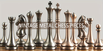 Wooden Chess Set with Metal Pieces & Storage Drawers 12 Inch – 2.5" Kings 2 Extra Queens Vintage Mahogany Board for Adults Beginners