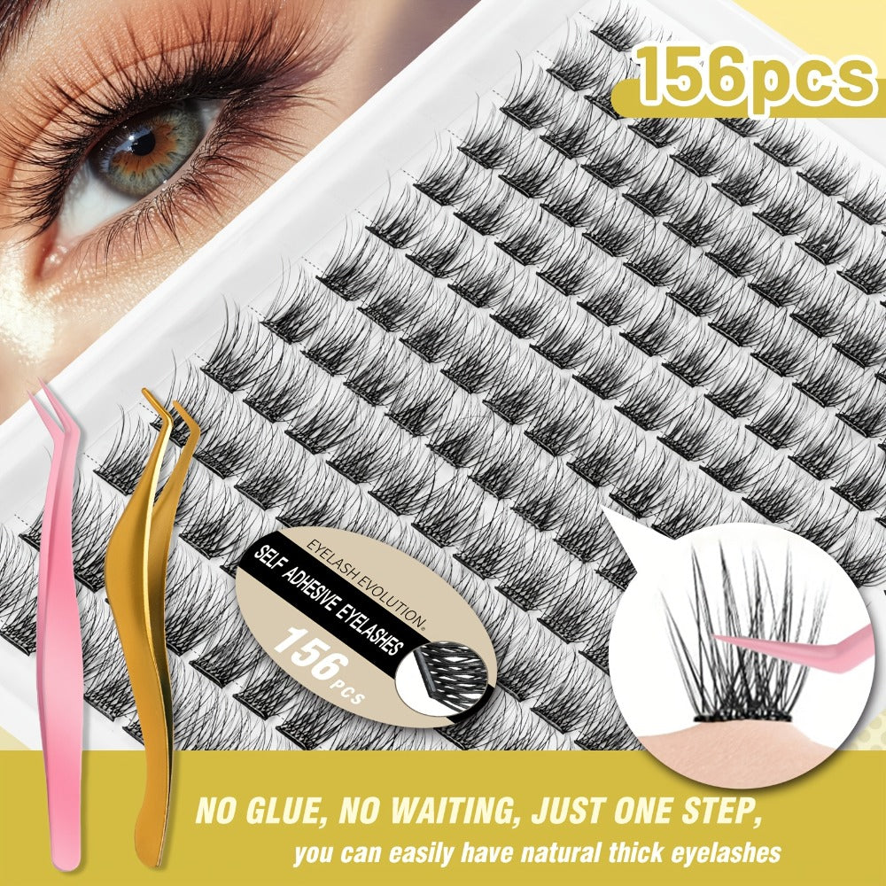 156-Piece Self-Adhesive Lash Cluster Tray with Yellow and Pink Tweezers in NATURAL Style and 14.5cm Case