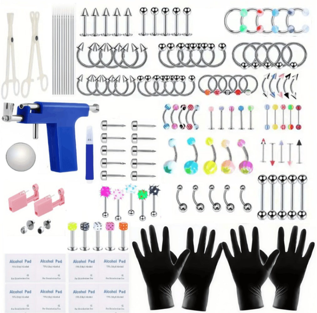 160pcs Body Piercing Kit with Piercing Gun, Professional Jewelry Set for Ear, Nose, Lip & Belly with Stainless Steel & Acrylic Studs