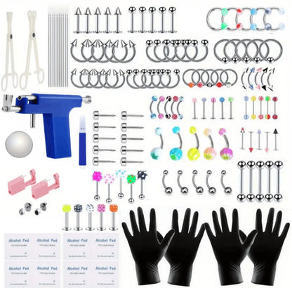 160pcs Body Piercing Kit with Piercing Gun, Professional Jewelry Set for Ear, Nose, Lip & Belly with Stainless Steel & Acrylic Studs