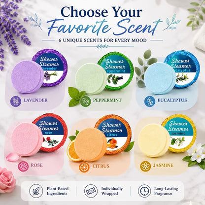 Six Assorted Shower Steamer Tablets in a Cylindrical Gift Box with 30 g Individually Wrapped Pieces