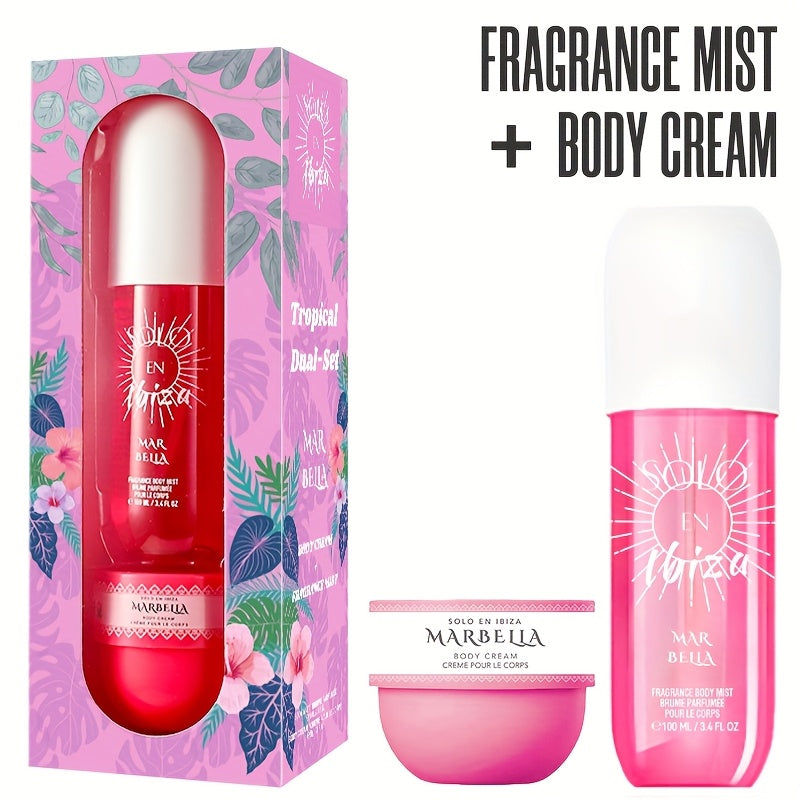 Body Hair Fragrance Mist Gift Set 2-Piece SOLO EN IBIZA Perfume Mist Body Cream Vanilla Fruit for Bath Time, Home Spa and Personal Care