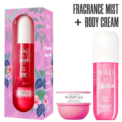 Body Hair Fragrance Mist Gift Set 2-Piece SOLO EN IBIZA Perfume Mist Body Cream Vanilla Fruit for Bath Time, Home Spa and Personal Care