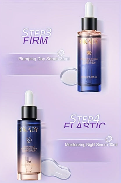 Skincare Set with OKADY Label, 8 Collagen and Hyaluronic Acid Product Items in Blue Gold Gift Box
