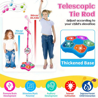 Kids Karaoke Microphone with Stand & Amplifier, Singing Toy for Girls Boys Age 3+, Random Print Design