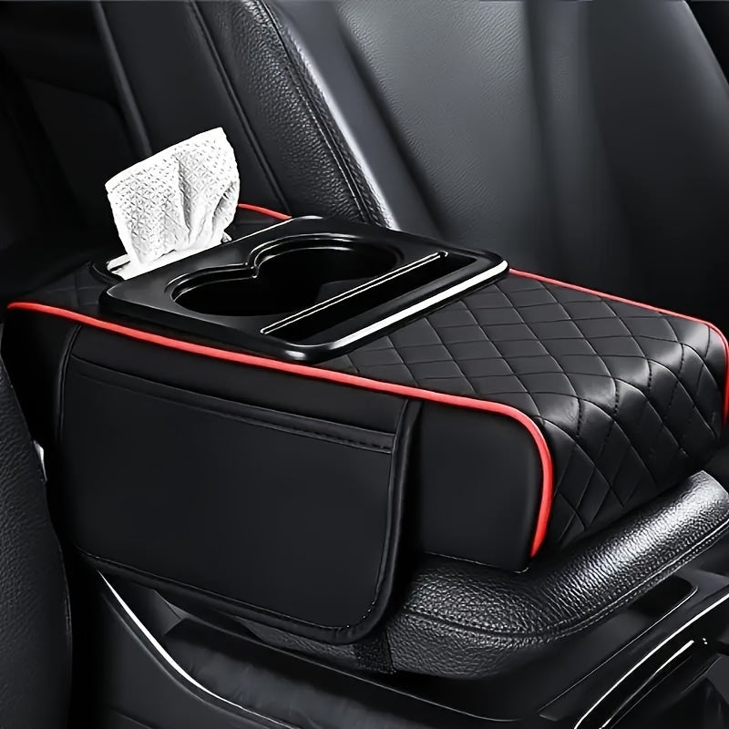 Car Center Console Cover PU Leather – Universal Armrest Box Mat with 2 Cup Holders & 2 Side Pockets, Phone & Card Storage
