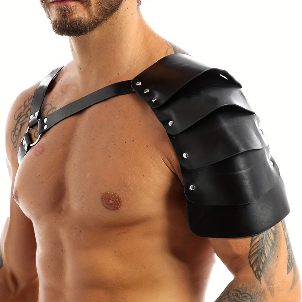 PU Leather Shoulder Armor Warrior Costume Prop with Belt for Men, Single Pauldron Medieval Knight Armor Dress Up Accessory for Halloween