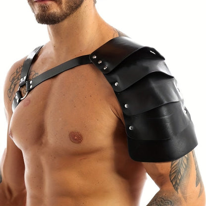 PU Leather Shoulder Armor Warrior Costume Prop with Belt for Men, Single Pauldron Medieval Knight Armor Dress Up Accessory for Halloween