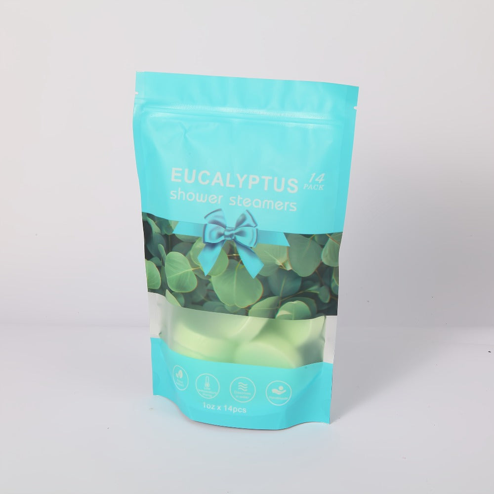 Fourteen Green Eucalyptus-Labeled Shower Steamer Tablets with 30 g Pieces in a Resealable Display Bag