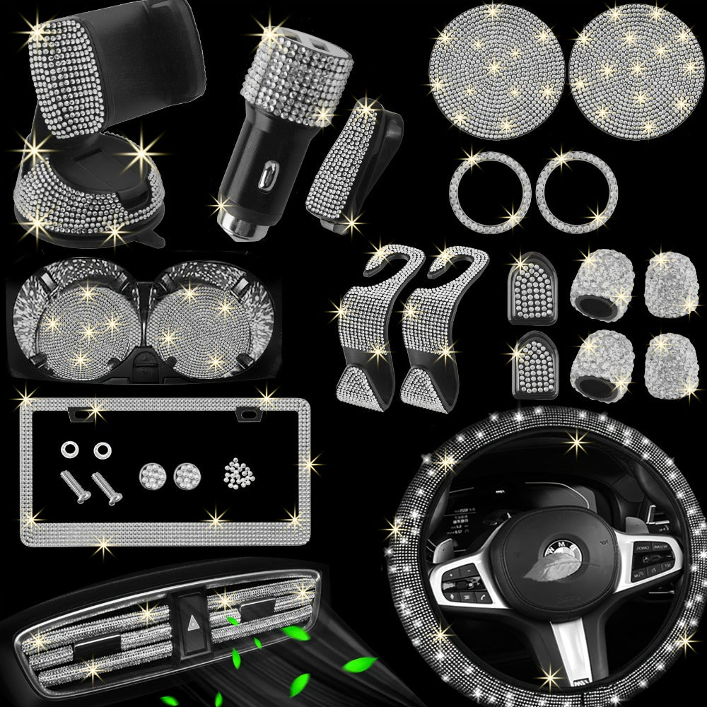 Bling Car Accessories Set 27pcs – Glitter Steering Wheel Cover 15 Inch, Bling License Plate Frame, Phone Holder & Car Coasters for Women