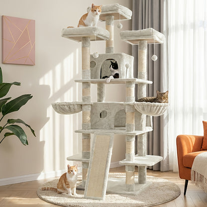 Large Multi-Level Cat Tree Tower – 68–81 Inch Tall Cat Condo with 2 Condos, 3 Plush Perches, Scratching Posts & Cat Hair Brush