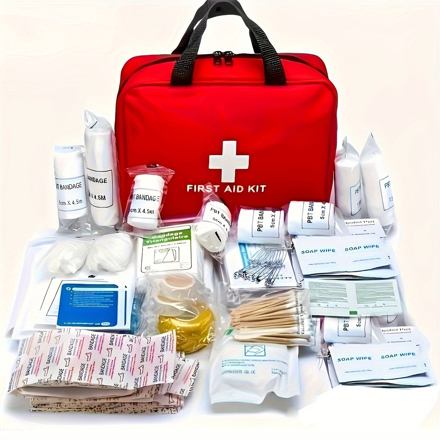 152-Piece First Aid Supply Kit in Compact Red Handled Bag with Pictured Packets and Small Tools