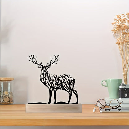 Deer Branch Silhouette Tabletop Decor with Black Iron-Metal Figures, Wood-Look Base and 5.9 x 5.9-Inch Size