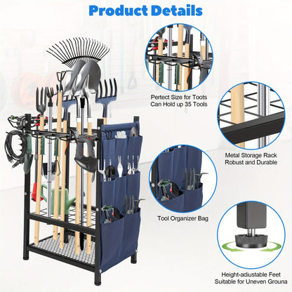 Tool Storage Rack with Storage Bag, Metal Yard Tool Organizer for Garage Holds 35 Long-Handled Tools