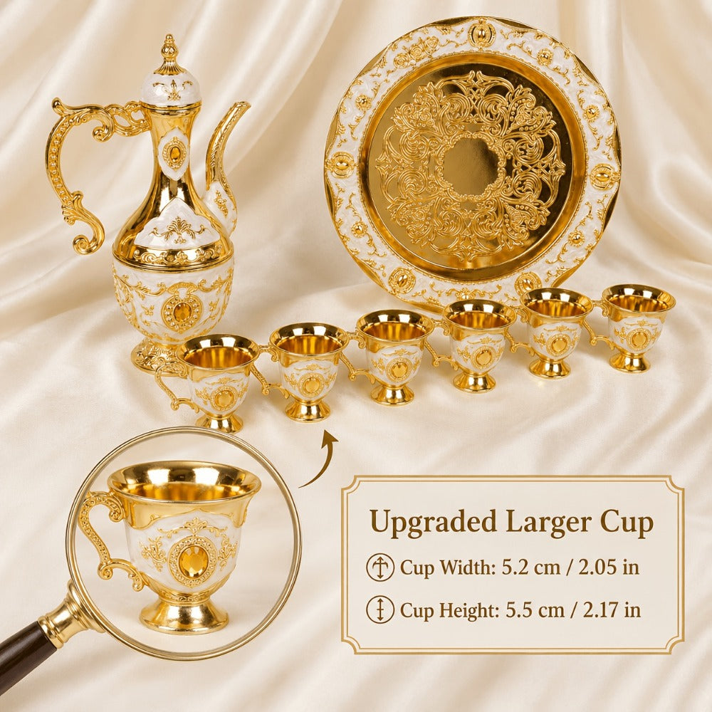 Vintage Turkish Coffee Tea Set – Zinc Alloy Teapot, 6 Cups & Tray | European Style Luxury Gift Set for Tea, Coffee & Cappuccino
