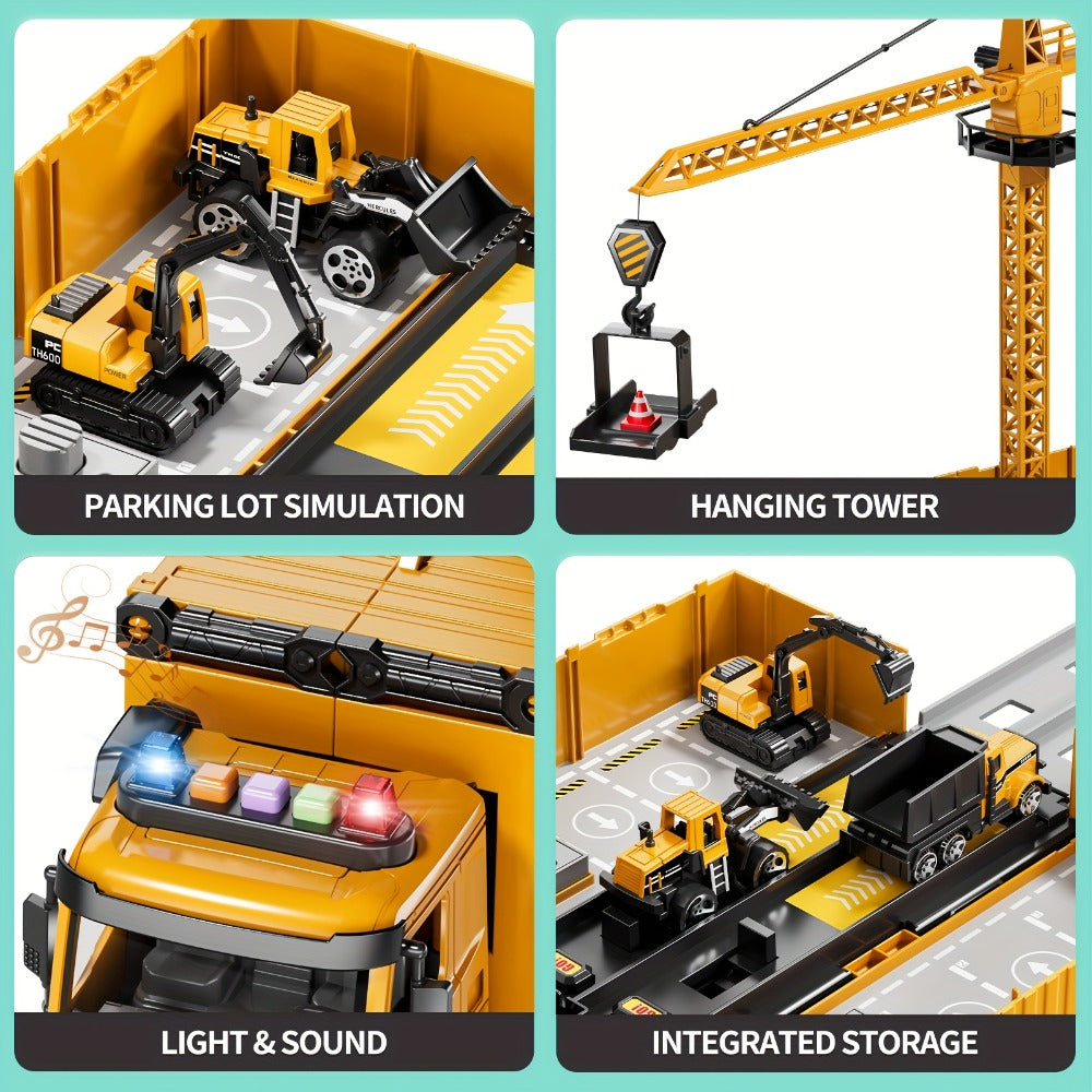 Construction Vehicle Container Truck Toy Set with Crane & Foldable Double Race Track, 4 Alloy Trucks
