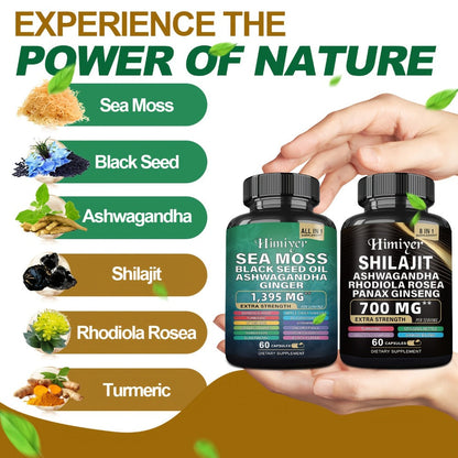 Sea Moss Shilajit Bundle 6-Pack 3-Month Supply with Black Seed Oil Ashwagandha Rhodiola for Bath Time, Home Spa and Personal Care