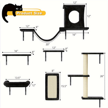 Cat Wall Shelf Climbing Set – 7-Piece Deluxe Wall Mounted Cat Furniture with Condo, Scratching Post, Bridge