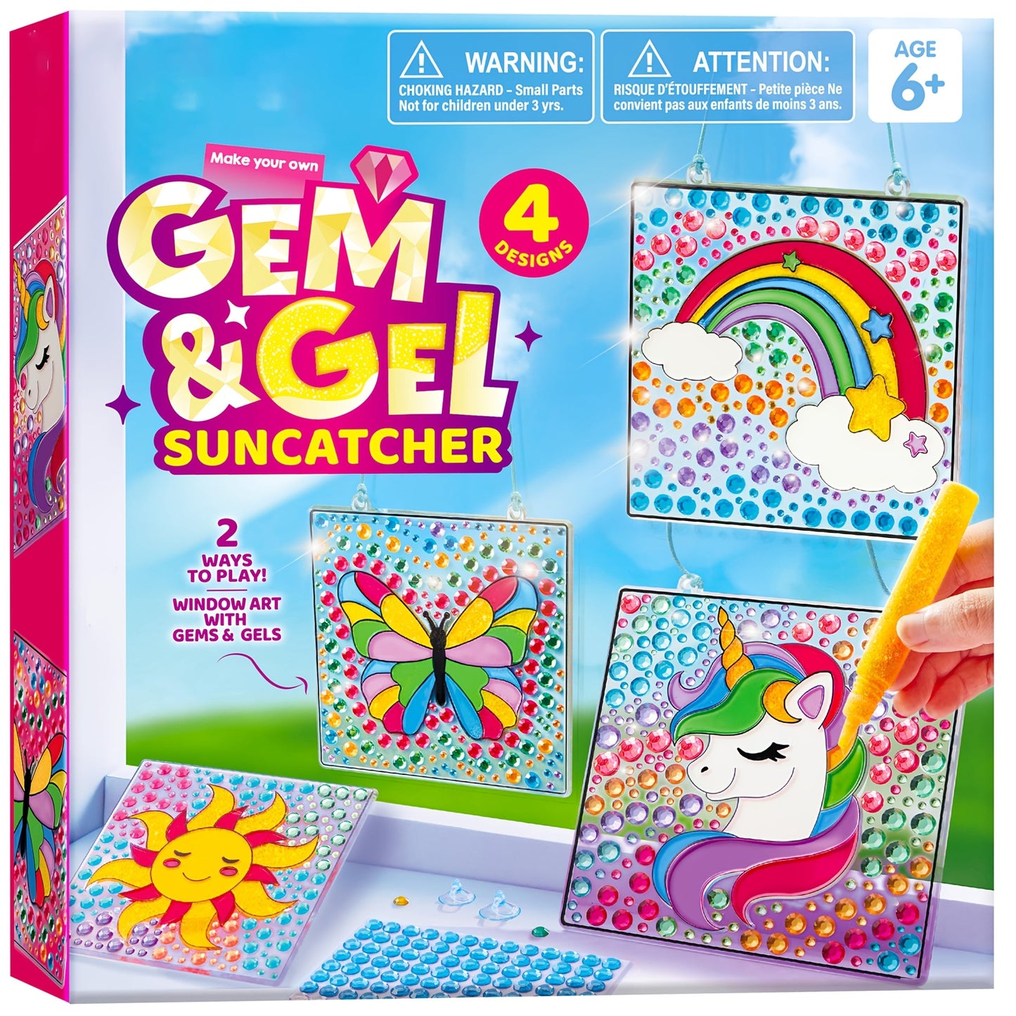 Suncatcher Painting Kit 4pcs for Kids, 2-in-1 Window Art with Gem Stickers & Paint Pens, Butterfly Unicorn Rainbow Sun Designs