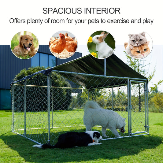Outdoor Dog Kennel Enclosure Heavy Duty – Galvanized Steel Wire Mesh Dog Cage with Rain & UV-Proof Roof Cover, Secure Lock & Ground Nails