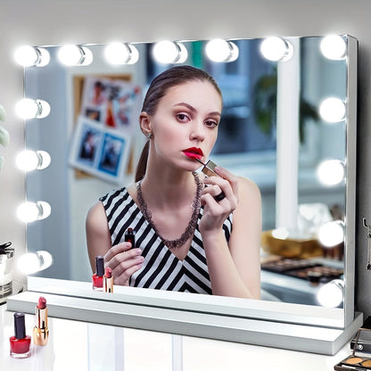 Hollywood Vanity Mirror with 15 LED Bulbs, 23 x 19 Inch Frame, Three Brightness Levels and White Base