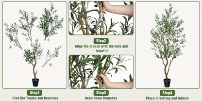 Multi-Branched Artificial Olive Tree with 5.25, 6 or 7 ft Height Options, Decorative Fruit and Black Nursery Pot