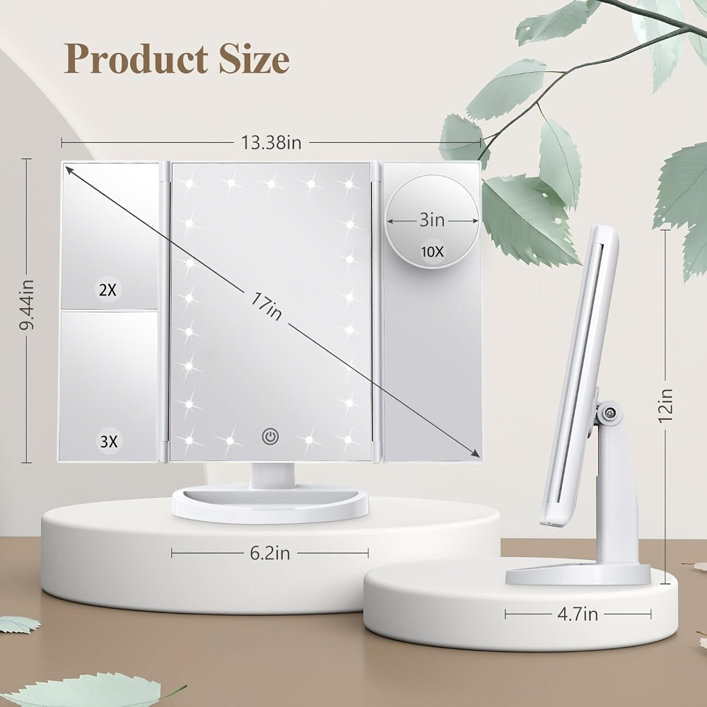 LED Tri-Fold Makeup Mirror with Touch Screen, 1X/2X/3X/10X Magnifying Vanity Mirror, Flexible Adjustable Base