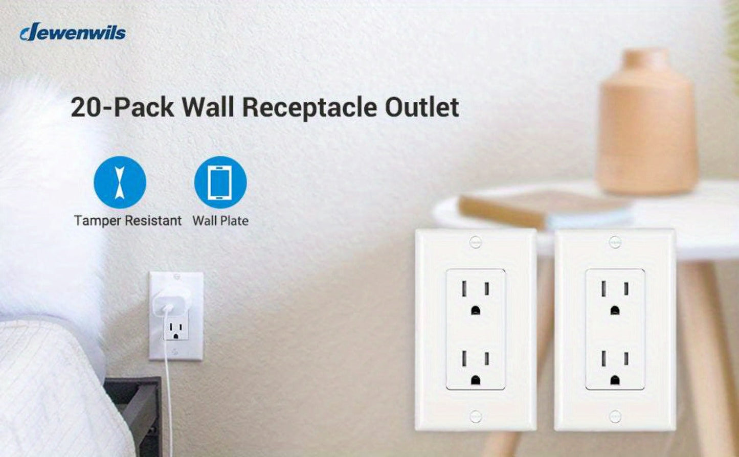 15 Amp Tamper Resistant Wall Outlet 20 Pack with Decorator Wall Plates Included Standard for Home Cooking, Dining and Outdoor Meals