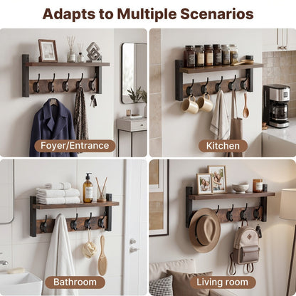 Vintage Wall-Mounted Shelf and Key Rack with Five Hooks, 17.1-Inch Width and Brown Board Finish