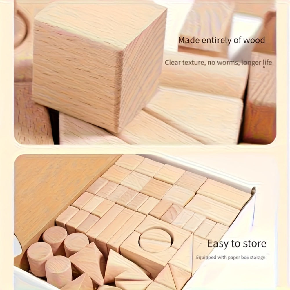 Natural Beech Wood Blocks 100 Piece Unpainted Solid Wooden Building Set, STEM Logical Thinking Toy for Kids Ages 3-12