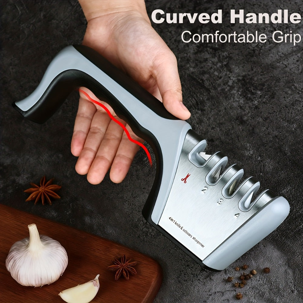 Four-Stage Manual Knife and Scissors Sharpener in Grey with Curved Handle and Four Guided Slots