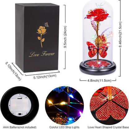 Glass Rose Crystal Flower in Glass Dome with LED Glow - Eternal Galaxy Rose Gift for Women, Mom, Wife