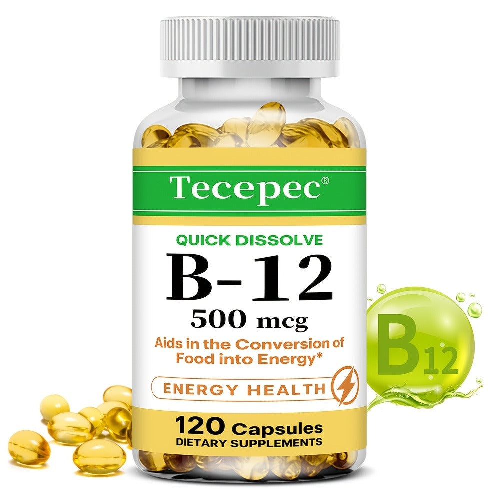 Vitamin B12 500mcg Capsules 120 Count for Women Men for Bath Time, Home Spa and Personal Care